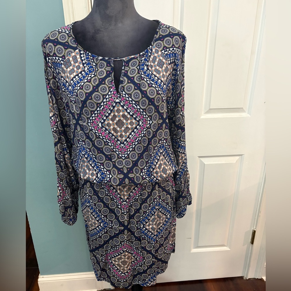 Geometric Patterned Long Sleeve Dress with off the shoulder detail